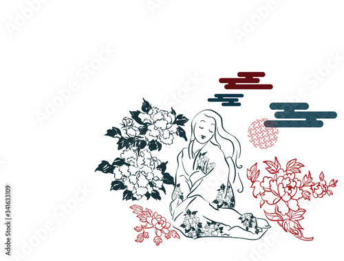woman nature landscape view vector sketch illustration japanese chinese oriental line art ink card background