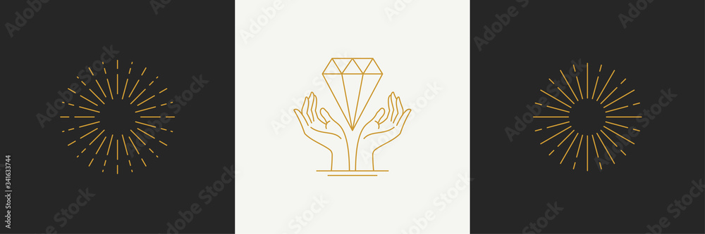 Vector line minimal decoration design elements set - starburst and gesture hands illustrations simple linear style - obrazy, fototapety, plakaty 