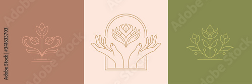 Vector line minimal decoration design elements set - flowers and gesture hands illustrations simple linear style