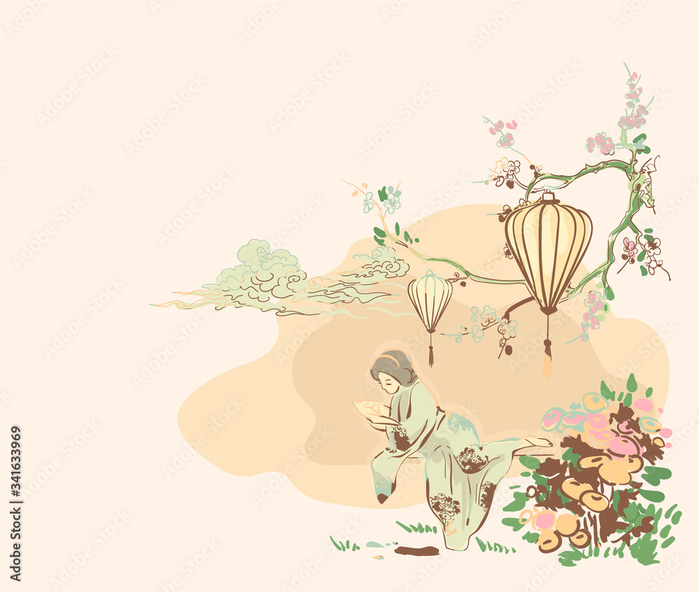 woman nature flower view vector sketch illustration japanese chinese oriental line art ink card background woman nature flower view vector sketch illustration japanese chinese oriental line art ink card background