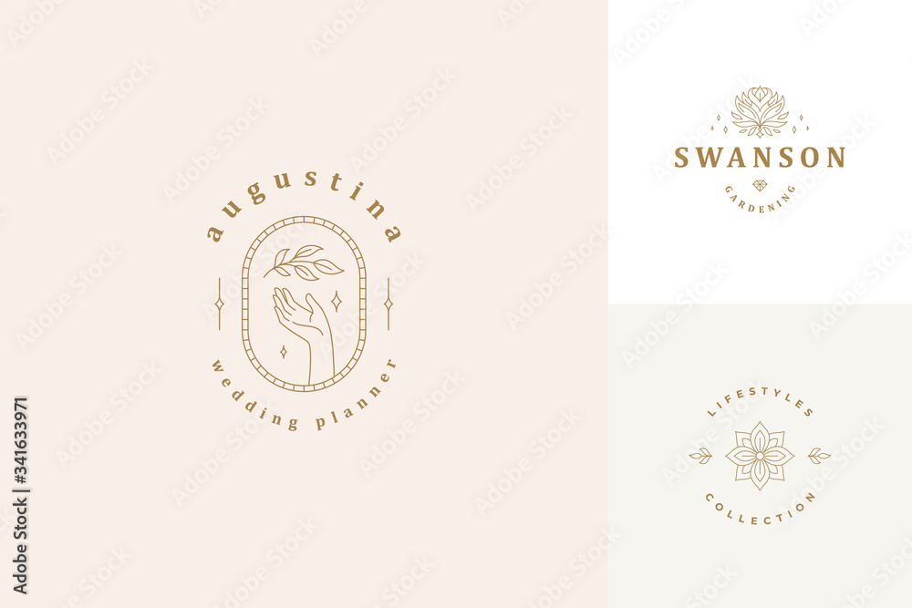 Vector line logos emblems design templates set - female gesture hand and rose flower illustrations simple linear style Vector line logos emblems design templates set - female gesture hand and rose flower illustrations simple linear style