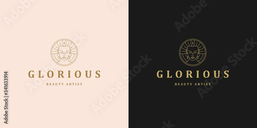 Beautiful female line face with hairs vector logo emblem design template illustration simple linear style