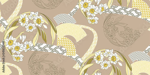 flowers blossom traditional geometric kimono seamless pattern vector sketch illustration line art japanese chinese oriental design