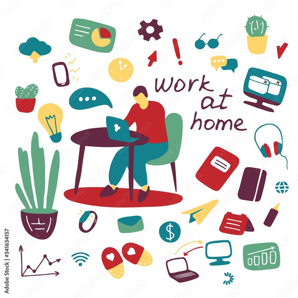 Work at home concept. Man is working from home in quarantine. Doodle hand drawn home and business icon set. Cute flat collection about coronavirus, Covid-19, Stay Home, pandemic protection Work at home concept. Man is working from home in quarantine. Doodle hand drawn home and business icon set. Cute flat collection about coronavirus, Covid-19, Stay Home, pandemic protection