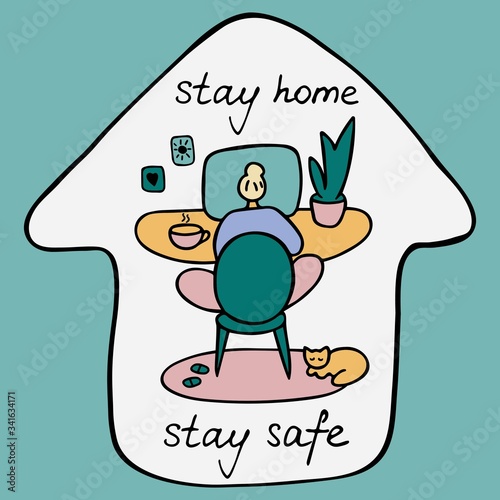 Girl is protected from coronavirus. A young woman communicates online. Online education, work from home, video conference, live broadcast. Social distance concept. Hand drawn flat vector illustration