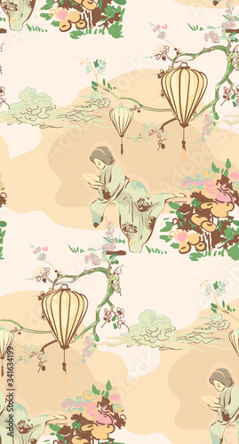 kimono girl flowers blossom traditional geometric kimono seamless pattern vector sketch illustration line art japanese chinese oriental design