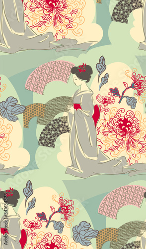 kimono girl flowers blossom traditional geometric kimono seamless pattern vector sketch illustration line art japanese chinese oriental design