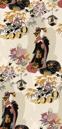 kimono girl flowers blossom traditional geometric kimono seamless pattern vector sketch illustration line art japanese chinese oriental design