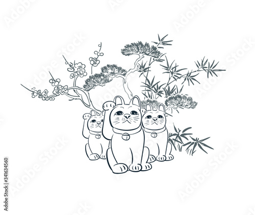 neko cat card sakura sketch vector japanese chinese design isolated elements