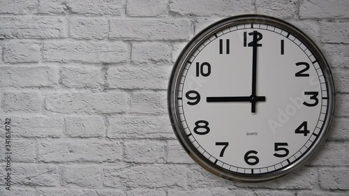 Wallpaper Mural The Time On The Clock Nine. Clock With The Black Arrows With The Arabic Numerals On An White Brick Wall Background On The Right Side. Torontodigital.ca