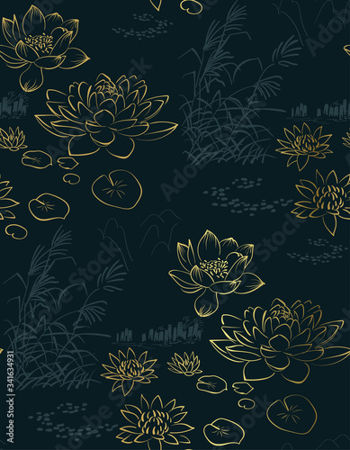 lotus pond sketch vector japanese chinese design seamless pattern