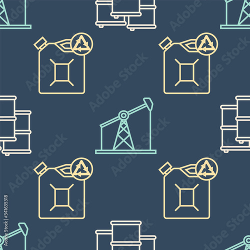 Set line Barrel oil, Eco fuel canister and Oil pump or pump jack on seamless pattern. Vector