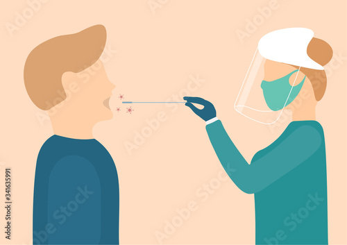 Coronavirus test Medical worker taking a throat swab for coronavirus sample with the isolation gown or protective suits and surgical face masks.
Illustration about Coronavirus test sample
