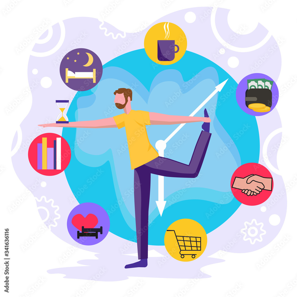 Vector illustration of the concept of work time management and work balance, of planner, Effective management. Young man doing yoga with multitask on the clock background. Flat vector illustration.