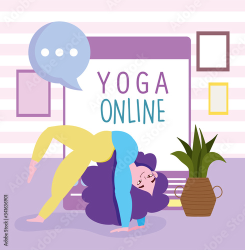 online yoga, young woman yoga posture in room