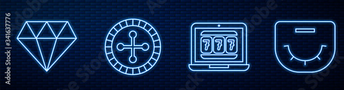 Set line Laptop and slot machine, Diamond, Casino roulette wheel and Poker table. Glowing neon icon on brick wall. Vector