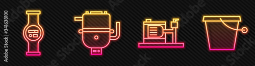 Set line Electric water pump, Water meter, Electric boiler for heating water and Bucket. Glowing neon icon. Vector