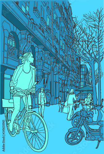Escena urbana. Chica en bicicleta en una calle de Barcelona