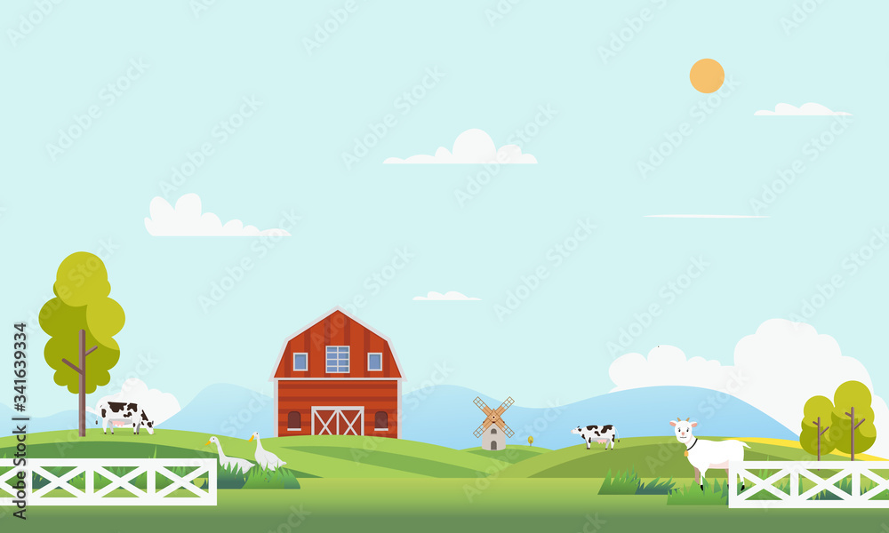 Naklejka premium Farm landscape with animal.Summer farm landscape with trees, clouds , mountains and sun. Country farm with beautiful landscape.Modern flat nature farm with windmill and cow.Vector illustration