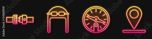 Set line Compass, Safety belt, Aviator hat with goggles and Location. Glowing neon icon. Vector