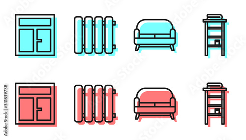 Set line Sofa, Window in the room, Heating radiator and Bathroom rack with shelves for towels icon. Vector