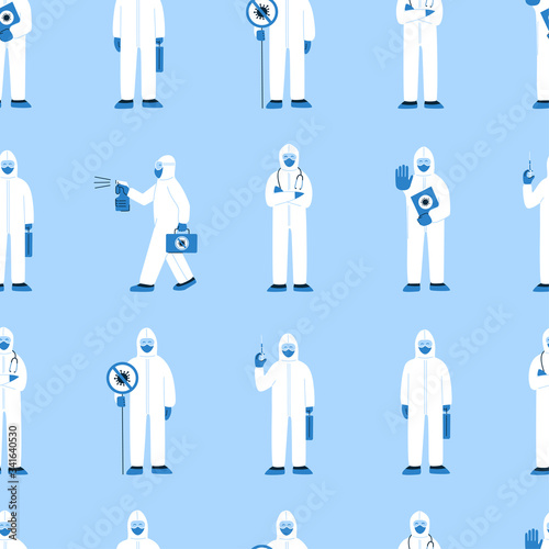 Modern vector seamless pattern in flat style. Endless texture with people in white hazmat suits isolated on blue. Stop coronavirus COVID-19. Doctors, nurses, healthcare workers, medical staff