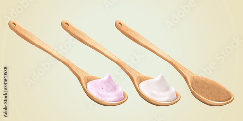 Three wooden spoon with cream