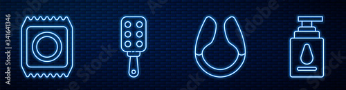 Set line Dildo vibrator, Condom in package safe sex, Spanking paddle and Personal lubricant. Glowing neon icon on brick wall. Vector