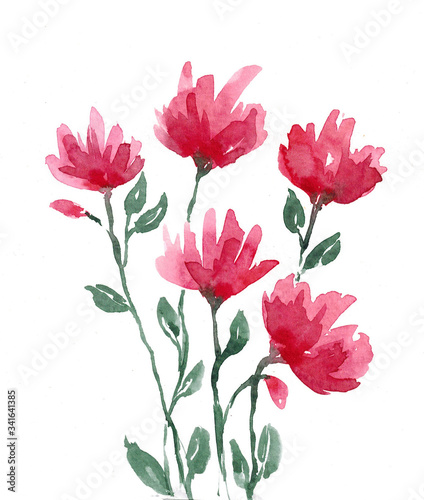 Pink watercolor flowers on white background.   Bouquet of abstract spring flowers.