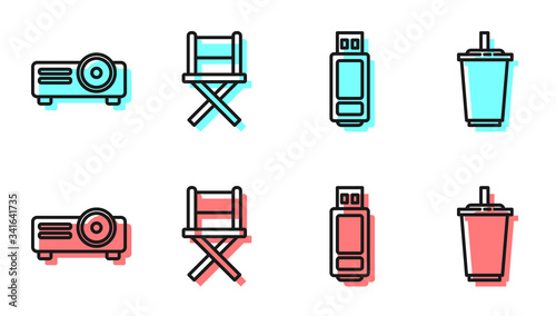 Set line USB flash drive, Movie, film, media projector, Director movie chair and Paper glass with water icon. Vector