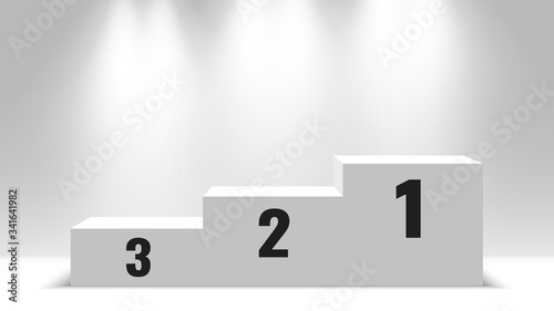 Winners podium. White blank pedestal with spotlights. Vector illustration.