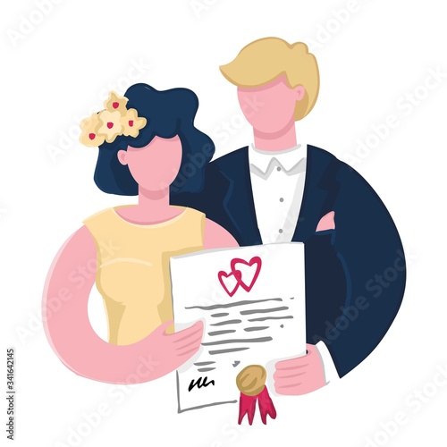 Couple are holding signed a marriage contract with a seal. Happy bride and groom with a marriage certificate. Concept of a successful marriage, a happy family life. Wedding card. Vector illustration.