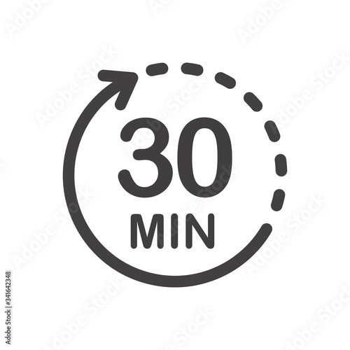 Thirty minutes icon. Symbol for product labels. Different uses such as cooking time, cosmetic or chemical application time, waiting time...