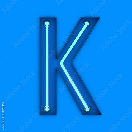 Neon style light letter K. Glowing neon Capital letter. 3D rendering