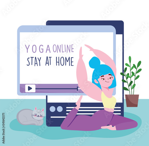 online yoga, stay at home, girl practicing yoga with computer and cat