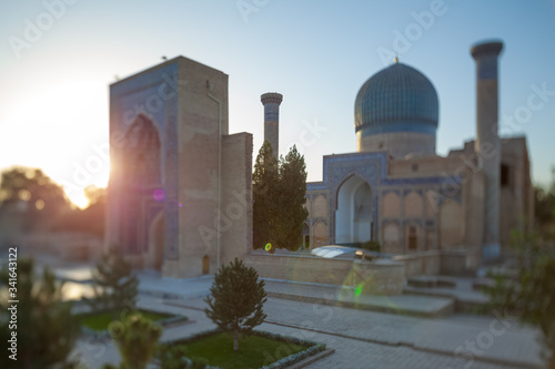 Ancient complex of Gur I Emir in the city of Samarkand at the early morning, Uzbekistan. Natural tilt shift effect (with tilt shift lens)