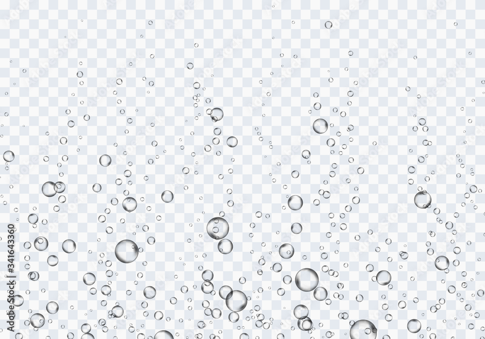 Bubbles underwater texture isolated on transparent background. Vector fizzy air, gas or oxygen under water. Realistic champagne drink, soda effect template