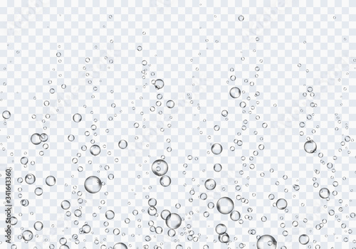 Bubbles underwater texture isolated on transparent background. Vector fizzy air, gas or oxygen under water. Realistic champagne drink, soda effect template photo