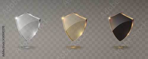 Shield icon set isolated on transparent background. White, gold, black acrylic protect emblems. Safety guard symbols. Vector glossy glass defense signs