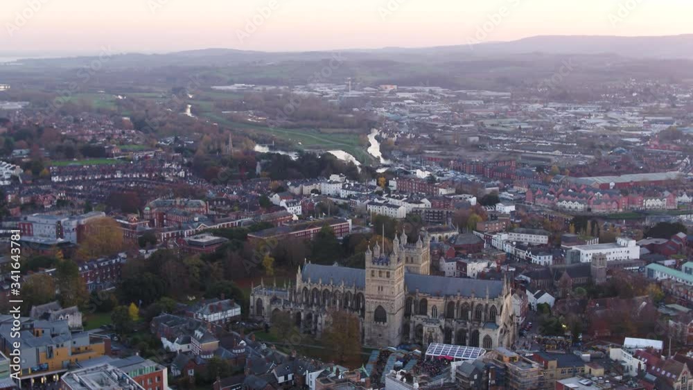 Aerial of Exeter, Devon. Highlight being the cathedral in the foreground. Marsh barton industrial estate in the background. Aerial of Exeter, Devon. Highlight being the cathedral in the foreground. Marsh barton industrial estate in the background.