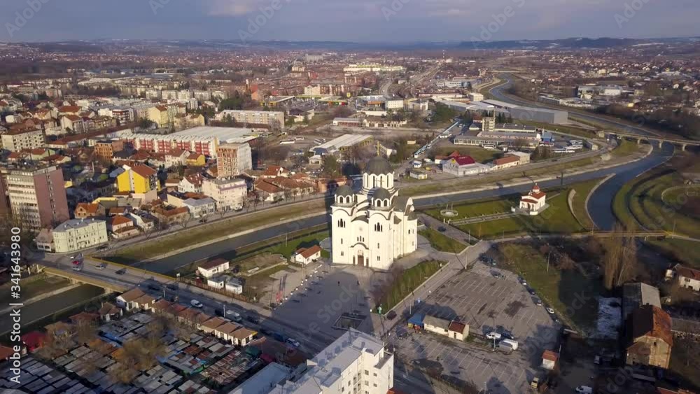 Valjevo. Serbia. Drone flying next to a curch Valjevo. Serbia. Drone flying next to a curch