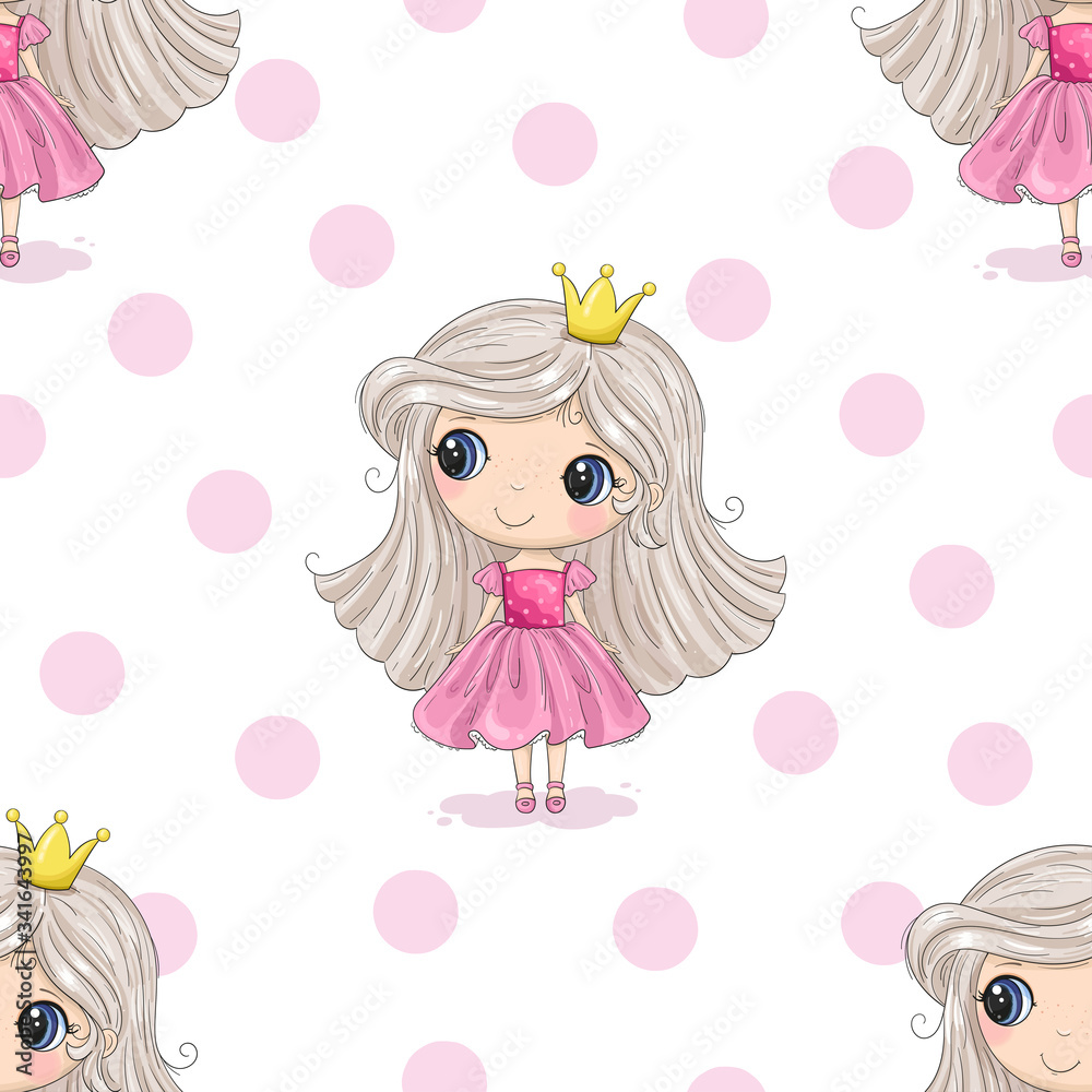 Cute hand drawn with cute little girl vector seamless pattern illustration. Cute Cartoon Princess. Hand drawn vector illustration with girl cute print Cute hand drawn with cute little girl vector seamless pattern illustration. Cute Cartoon Princess. Hand drawn vector illustration with girl cute print