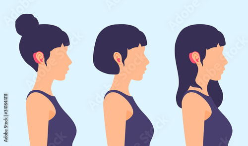 Girls with hearing aid devices on their ears. Side view, a person's profile. A woman with hearing issues. Vector flat illustration.