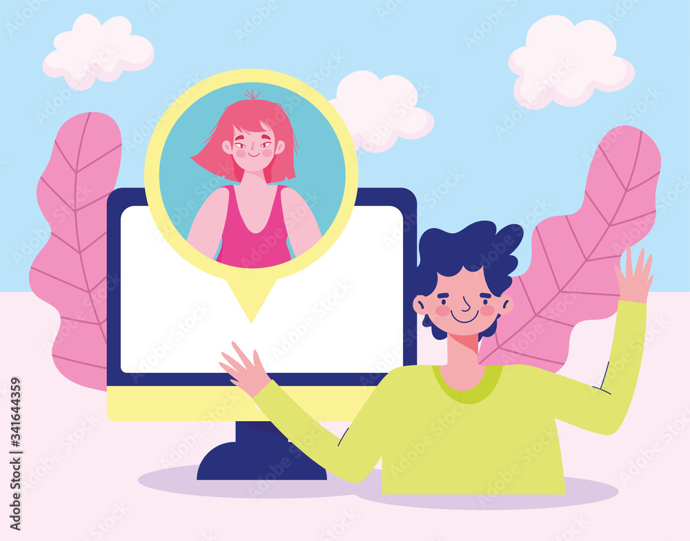 meeting online, couple connected computer talking cartoon