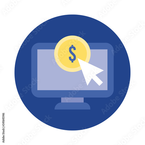 computer desktop with coin and arrow block and flat style icon