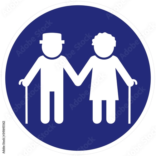 Couple of old people, man and woman with stick. White silhouette of two person on blue circle background.