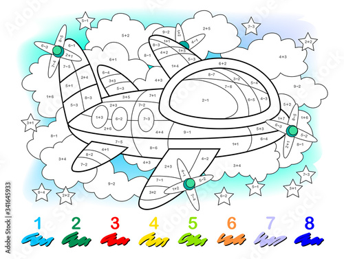 Math education for little children. Coloring book. Mathematical exercises on addition and subtraction. Solve examples and paint the plane. Developing counting skills. Printable worksheet for kids.
