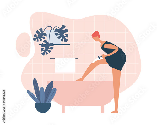 Female character shaving legs in bathroom at home