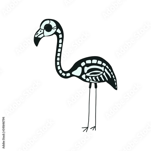 Flamingo Skeleton Halloween Isolated On A White Background Hand Drawn Illustration	 photo