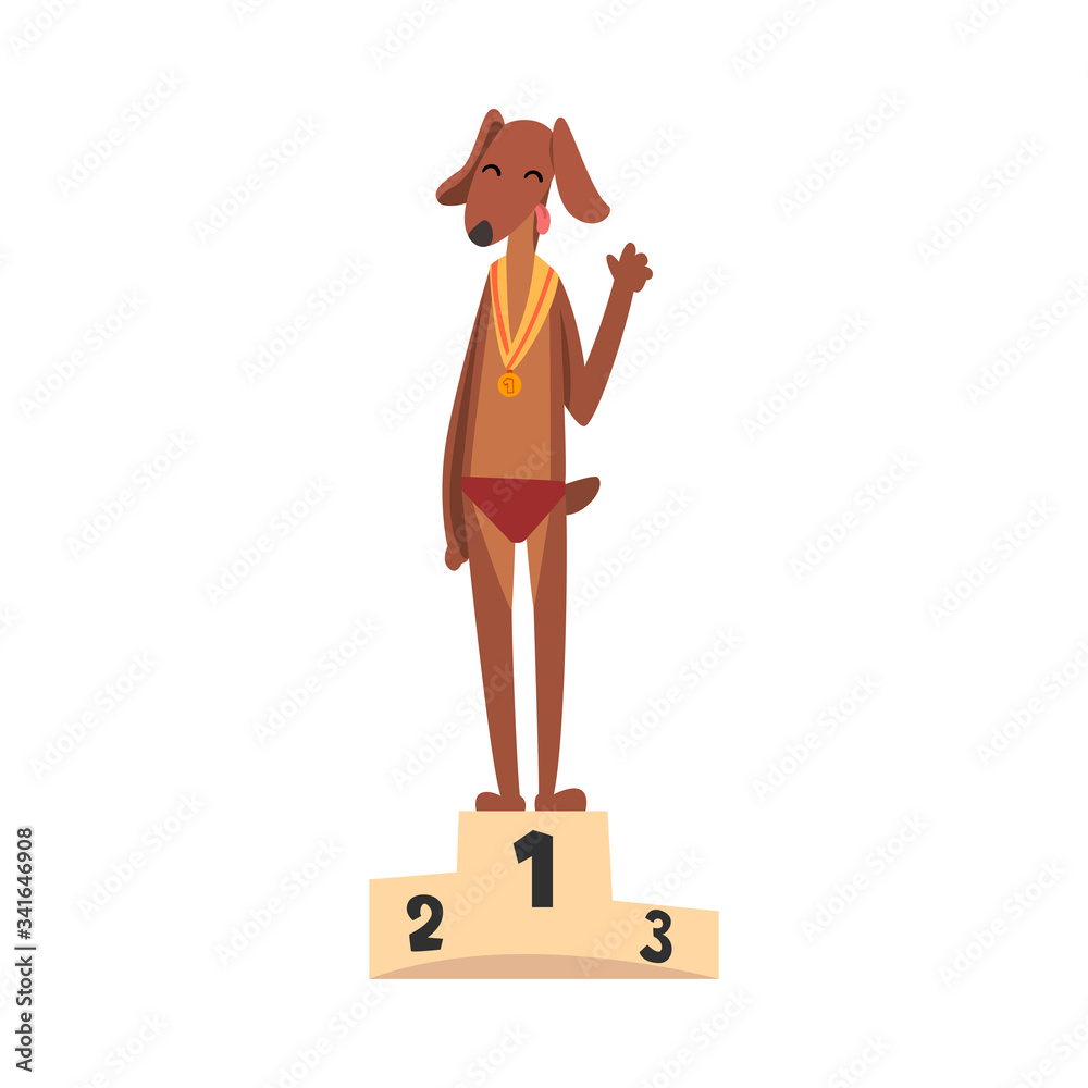 Sportive Dog with First Place Gold Medal Standing on a Podium, Animal ...